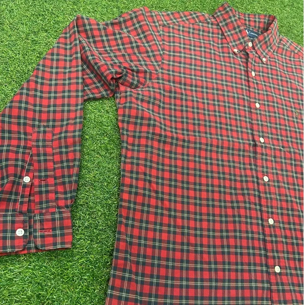 Ralph Lauren Men Large Red Black Plaid Classic Fit Button Down Shirt Long Sleeve